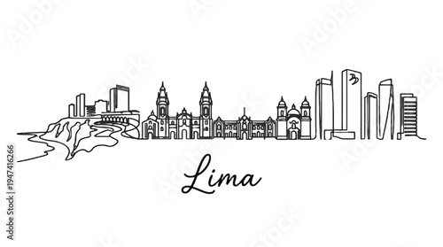 Minimalist Line Art Illustration of Lima's Urban Skyline Featuring Historic and Modern Architecture