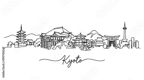 Elegant continuous line drawing capturing iconic architectural landmarks of Kyoto cityscape highlighting traditional pagodas