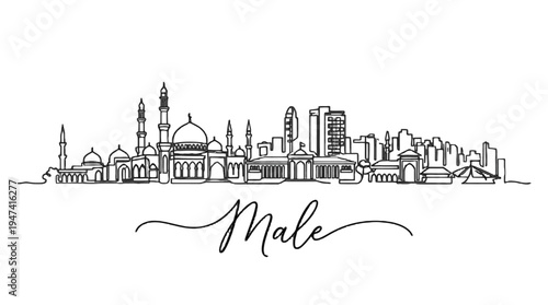 Minimalist line art illustration of a diverse city skyline showcasing historic mosques, modern skyscrapers, and intricate