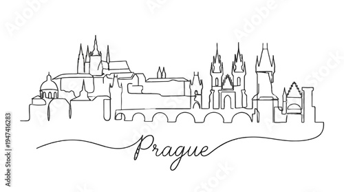 Minimalist Line Drawing of Prague Castle and Historic Landmarks in a Continuous Silhouette