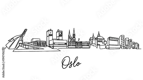 Stylized minimalist black line drawing of oslo cityscape showcasing iconic structures and skyline with elegant script of oslo at