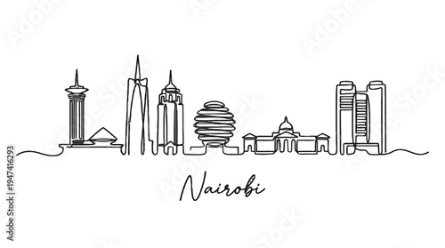 Minimalist Line Art Illustration of Nairobi's Skylines and Landmarks with Elegant Handwritten Label