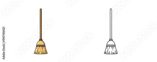 Cleaning broom tool in flat colorful and linear style for housework and home maintenance design in minimal cartoon aesthetic for cleaning or chores themed craft project
