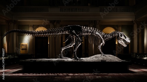 unearthing. Museum diorama of a newly discovered dinosaur skeleton silhouette in stone. STEM education sheets, lab safety posters, designed for biotech research communications.
