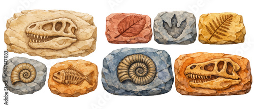 A watercolor set of archeologic fossils for paleontology designs, dinosaur themes, ancient history illustrations, and prehistoric discovery artwork
