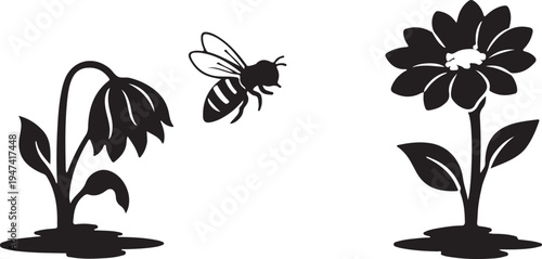 Bee silhouette pollinating wilted flower back to life