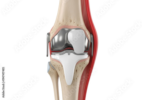 Detailed sagittal cross-section of a human knee joint after total knee arthroplasty, showing metallic implants, white polymer, bone texture, and a crimson tendon, scientific visualization concept