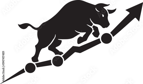 Stock market bull silhouette charging up graph peak