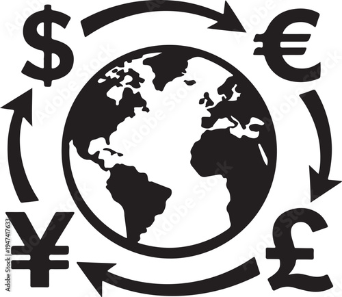 Currency exchange silhouette arrows flowing globally