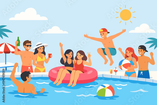 Group of happy young people enjoying a summer pool party with friends, jumping into blue water, relaxing on inflatable rings, playing with beach balls, drinking cocktails under a bright sunny sky