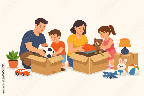 Happy Family with Parents and Children Packing Toys, Clothes, and Household Items into Cardboard Boxes for Moving House, Donation, or Tidying Up, Simple Flat Vector Illustration of Organization.