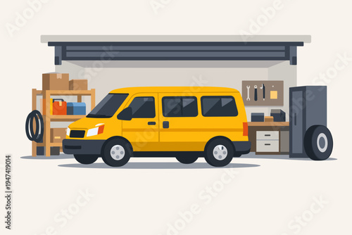 Wallpaper Mural Yellow School Van Parked in an Organized Garage with Workbench, Tools, Storage Shelves, and Spare Tires. Simple Flat Vector Illustration of a Vehicle Maintenance Space on a Light Background. Torontodigital.ca