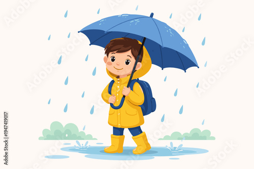 Cute Little Schoolboy Wearing a Yellow Raincoat and Boots Holding a Blue Umbrella While Walking in the Rain with a Backpack, Flat Vector Illustration of a Child Going to School on a Rainy Day