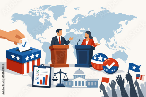 US Presidential Election Concept with Candidates Debating at Podiums, Hand Putting Ballot in Box, World Map Background, Government Building, Scales of Justice, and Crowd Waving Flags Vector