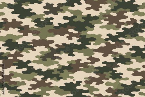 Seamless Military Camouflage Pattern Vector Illustration featuring a Classic Woodland Camo Design with Green, Brown, and Tan Shapes for Army, Hunting, Tactical Backgrounds, and Textile Prints.