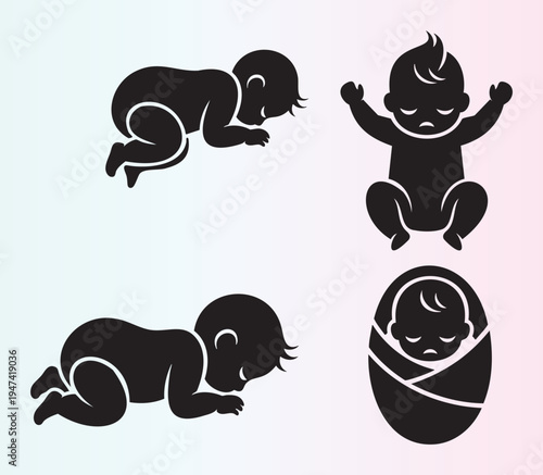 Four cute baby silhouettes in different poses isolated illustration