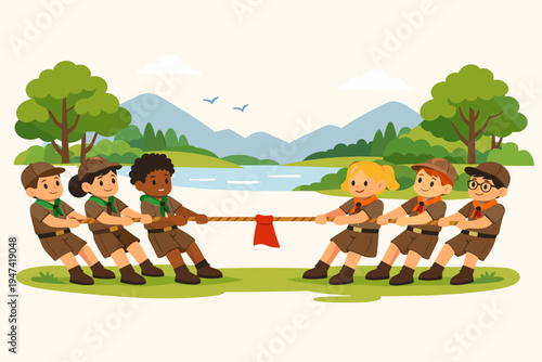 Diverse Group of Happy Boy and Girl Scouts in Uniform Playing Tug of War Game in a Beautiful Nature Park with Lake and Mountains Background, Outdoor Summer Camp Activity Flat Vector Illustration