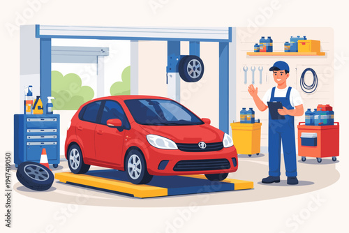 Professional Mechanic in Blue Overalls Standing in a Modern Car Repair Garage with a Red Hatchback on a Lift, Holding a Clipboard for Vehicle Inspection and Maintenance Service Illustration