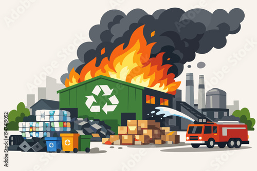 Fire Burning at a Recycling Plant with a Fire Truck Spraying Water to Extinguish Flames, Large Green Building with Recycling Symbol on Fire with Thick Black Smoke and Piles of Waste Outside.