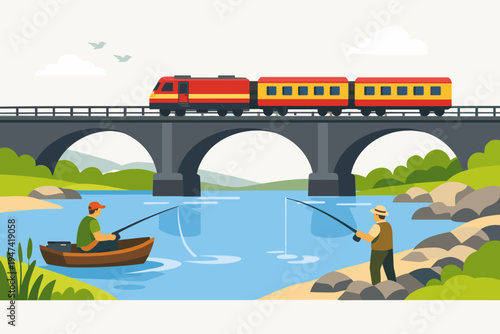Vibrant flat vector illustration of a red passenger train crossing a stone arch bridge over a calm river where two fishermen are angling, one in a wooden boat and another on the rocky riverbank.