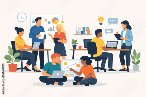 Diverse Team of Professionals Collaborating in a Modern Office Workspace, Men and Women Working Together with Laptops and Data Charts, Creative Brainstorming Flat Vector Illustration Scene.