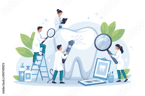 Professional team of dentists cleaning and examining a giant human tooth using magnifying glasses and dental equipment. Flat vector illustration for dental care, oral health, and clinic services.