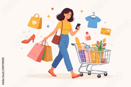 Happy Woman Shopping with Paper Bags and Full Grocery Cart Using Smartphone for Online Discounts and Mobile Payments Flat Vector Illustration of Retail Therapy and Consumerism Lifestyle Concept