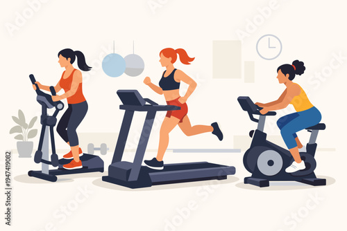 Group of Diverse Women Working Out in a Modern Fitness Center Using Cardio Equipment Like Treadmill, Elliptical Trainer, and Stationary Exercise Bike, Simple Flat Vector Illustration Design