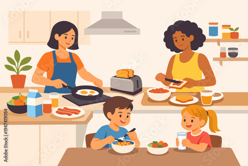Diverse women preparing a healthy breakfast in a modern kitchen for two happy children eating at the table, flat vector illustration of family morning routine and nutritious meal preparation.