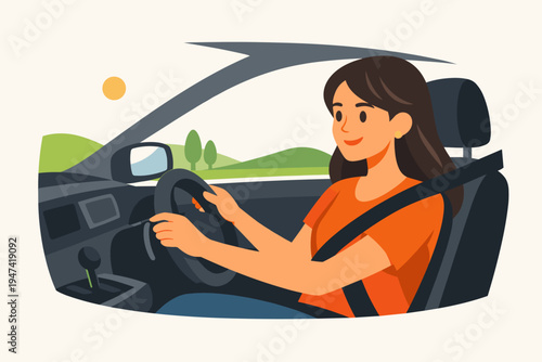 Young Woman Driving a Car on a Sunny Day, Flat Vector Illustration of a Female Driver Wearing a Seatbelt and Smiling while Traveling through a Scenic Green Landscape with Hills and Trees.