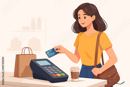 Young woman paying with a credit card at a retail store checkout counter using a POS terminal, flat vector illustration of a customer making a contactless payment with shopping bag and coffee cup.