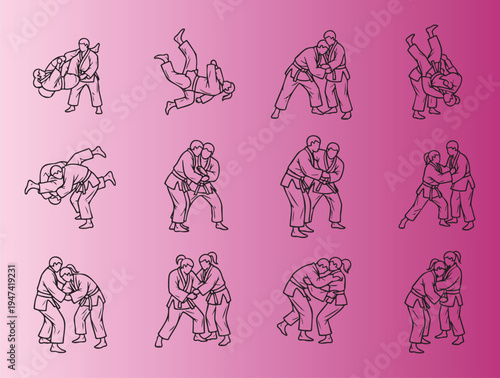 Illustrated judo and martial arts techniques in action poses