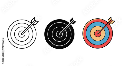 Three distinct styles of archery target icon featuring an arrow precisely hitting the bullseye center