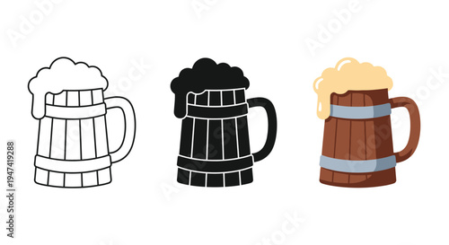 Collection of three different styles of wooden beer mug icons featuring frothy foam heads for design projects