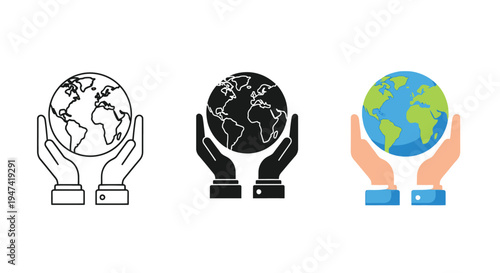 Set of three stylized icons depicting hands carefully holding the earth globe emphasizing global care and environmental protection