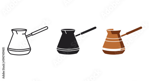 Collection of Turkish coffee pots in line art silhouette and full color illustration styles