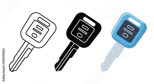 Digital drawing depicting a set of three car keys with an outline, black, and blue remote style for vehicles.