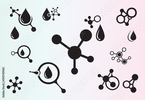 Molecular and chemical structures with water droplets illustration