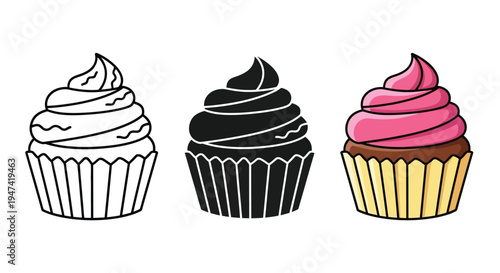 Collection of three stylized cupcake illustrations showing line art silhouette and full color options for graphic design
