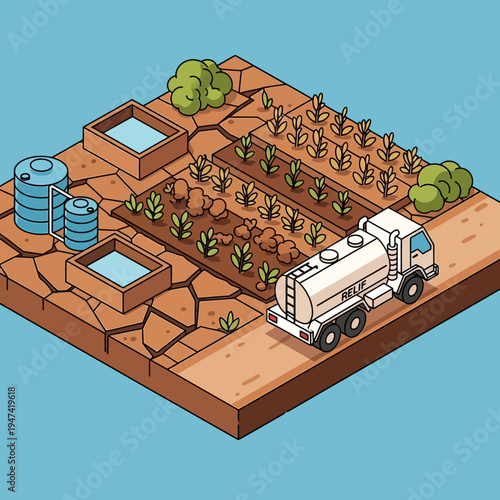 Isometric illustration of a water truck irrigating a farm in a dry, cracked landscape.