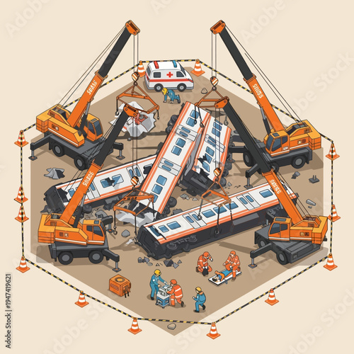 Illustration depicting a train accident scene with cranes, emergency services, and debris.
