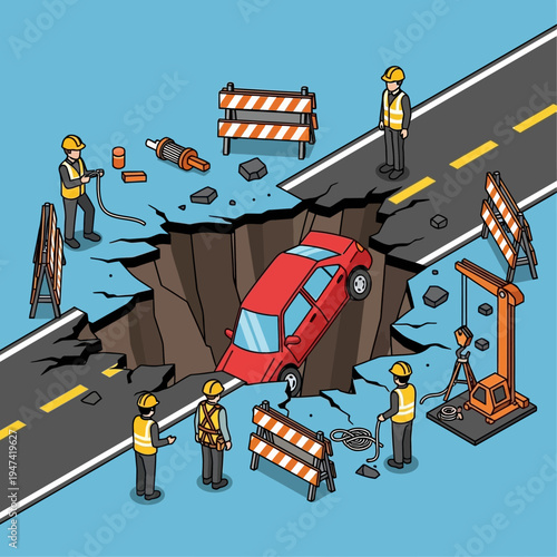 A red car has fallen into a sinkhole on a road under construction.