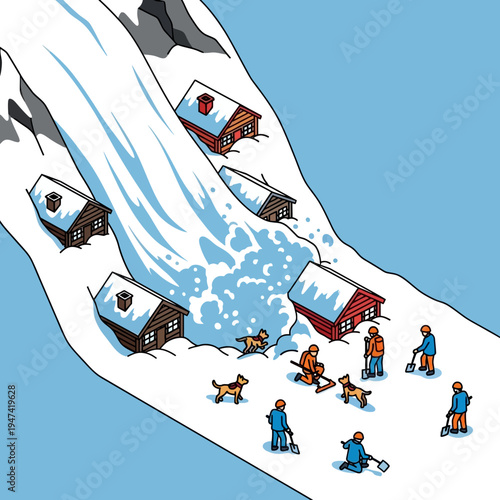An illustration depicts an avalanche engulfing cabins, with rescuers searching for survivors.