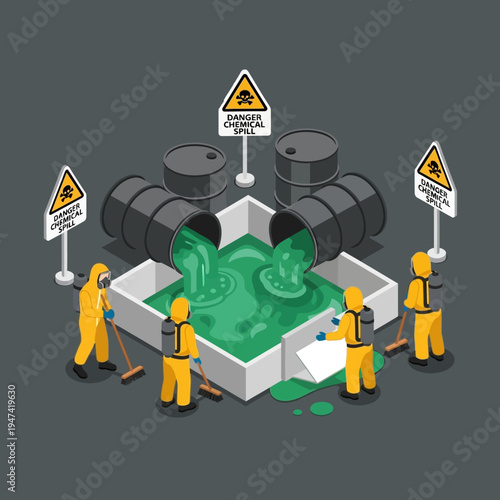 Illustration of hazardous material spill cleanup with protective gear and warning signs.