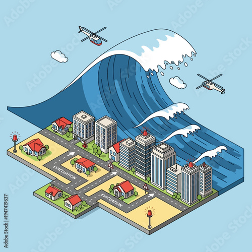 Isometric illustration depicting a city being struck by a massive tsunami wave.