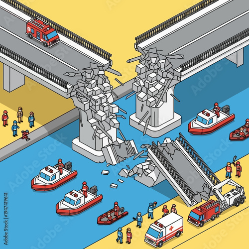 Isometric view of a collapsed bridge with emergency vehicles and rescue boats responding to the disaster.