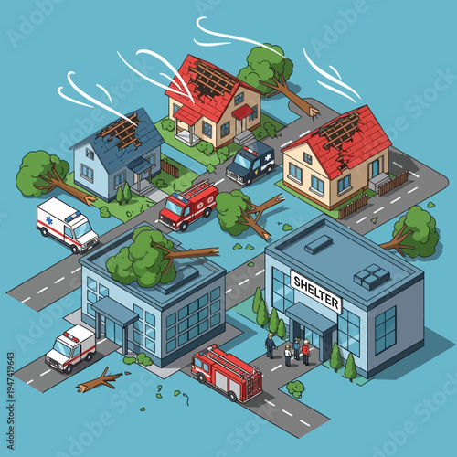 Isometric illustration depicting a community impacted by a severe weather event.