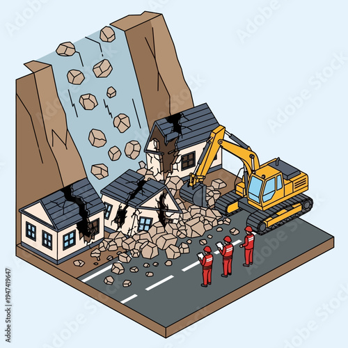 An illustration depicting a landslide destroying houses, with an excavator and people observing.