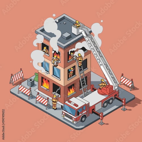 Isometric illustration depicting a building on fire with firefighters responding to the emergency.