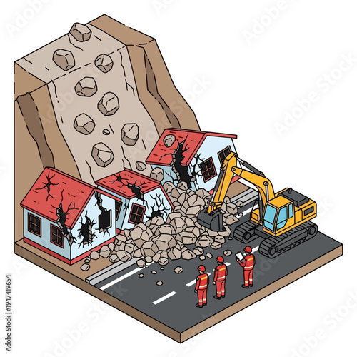Illustration depicting a landslide destroying houses, with rescue workers and heavy machinery present.